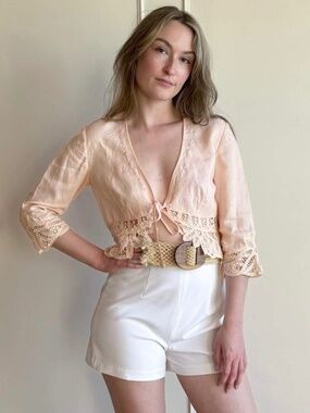 J Jill Peach Linen Guipure Lace Tie Front Top Size M